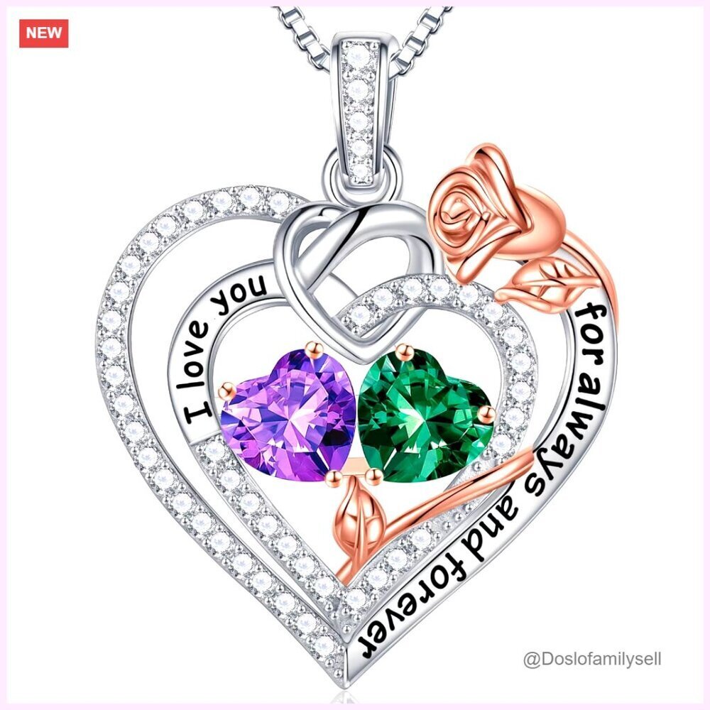 Sterling Silver Double Birthstone Necklace Elegant Heart Pendant Jewelry Gift